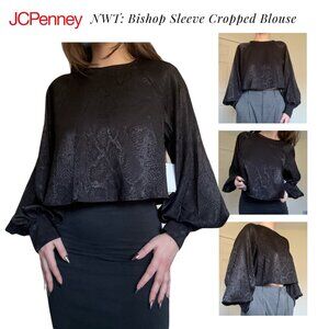 NWT Tinsel Black Satin-Finish Blouse • Bishop Sleeve Keyhole Crop Top - NWT